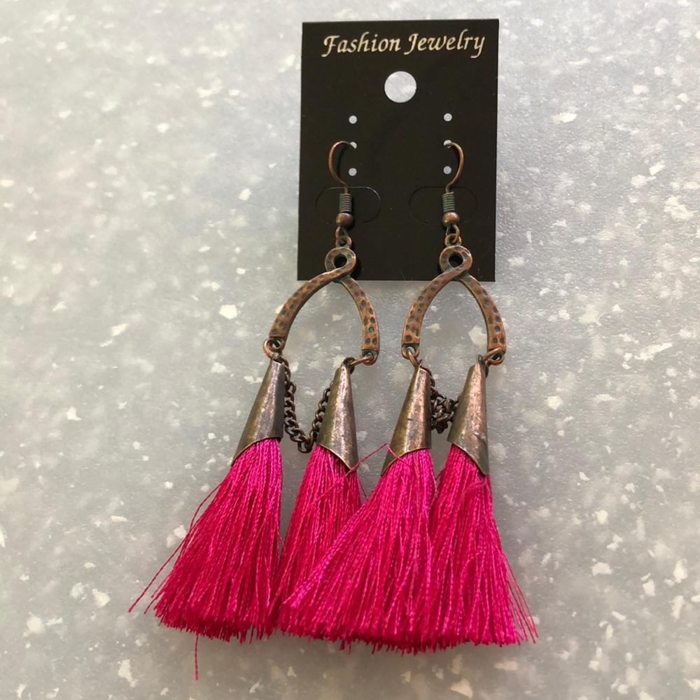 Boho pink tassel/copper earrings